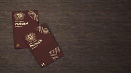 Portuguese passports are issued to citizens of Portugal for the purpose of international travel ,Portugal passport on a wooden background - obrazy, fototapety, plakaty