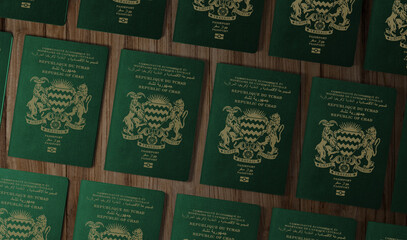 Chad country passports, top view, on a wooden table