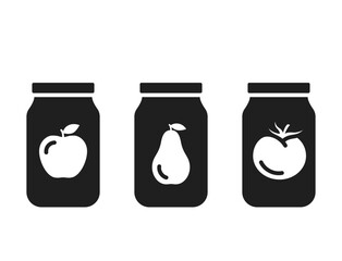 apple and pear jam, tomato paste icon. jar, fruit and vegetable preservation symbol