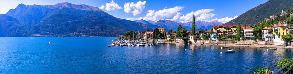 Naklejka na ściany i meble Stynning idyllic lake scenery, amazing Lago di Como. Panoramic view of beautiful Bellano town. Italy, Lombardia