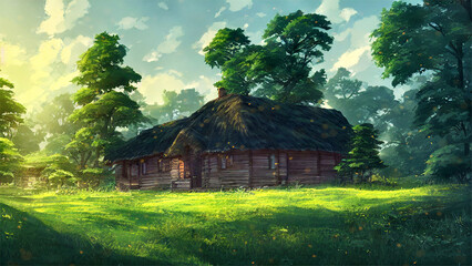 Obraz premium beautiful forest landscape with old house with vivid colors