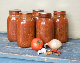 Quarts of Homemade, Home Canned Chili on Shelf