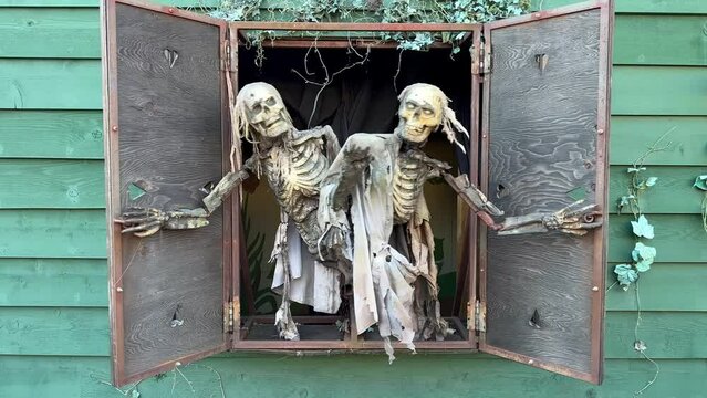 In the room of fear, two skeletons open the window and look out into the street attracts visitors They look in different directions and close the window again The head turns sharply to side and back.