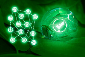 icons for a supply chain (raw materials, logistics, sales, purchasing, retail, consumer) and eco-friendly signs on a green background with leafs and a water drop