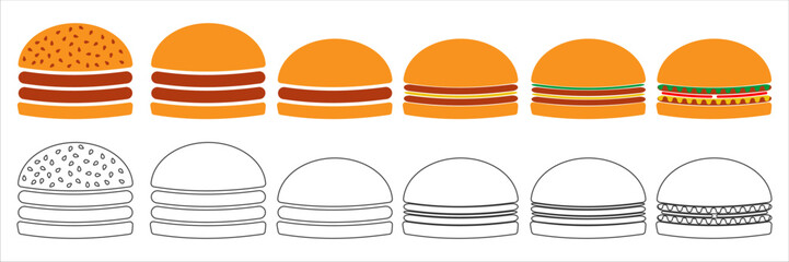 Vector set of isolated elements of a large burger. Set of vector burger logos on white background