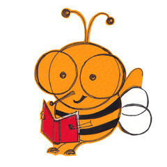 sitting bee in glasses with a book, isolated illustration paper applique