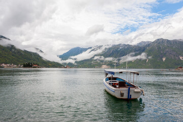 Clearing storm over the Bay of Kotor and the islands of St. George and Our Lady of the Rocks from Perast, Montenegro