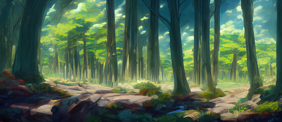 A beautiful rural nature forest. An Illustration in an Anime background animation style.