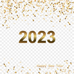Happy New Year 2023 greeting card poster. Confetti.