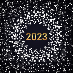 Happy New Year 2023 greeting card poster. Black background. Knnfeti.