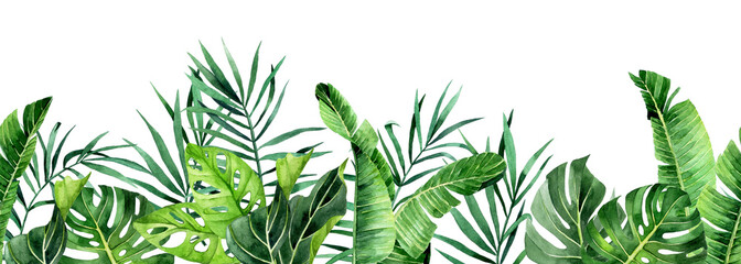 watercolor drawing. horizontal seamless border with tropical leaves. banner with green palm leaves, monstera - obrazy, fototapety, plakaty