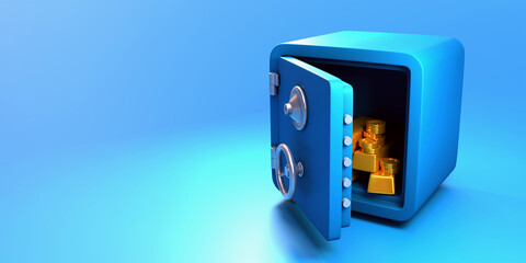 Open Safe box with treasure inside front view on blue pastel background with soft shadows. Simple 3d render illustration.