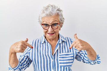 Senior woman with grey hair standing over white background looking confident with smile on face, pointing oneself with fingers proud and happy.