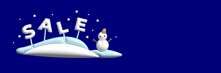 3d Sale inscription with winter landscape and snowman on dark blue background. Three dimensional Christmas sale banner