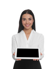 Portrait of hostess in uniform with tablet on white background