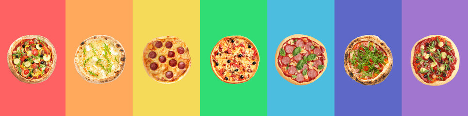 Set of delicious pizzas on different color backgrounds, top view. Banner design