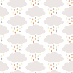 Seamless pattern with clouds and raindrops in neutral, Autumn colours, isolated on white background. Scandinavian, Boho design. Thanksgiving, Fall, celebration,baby shower, nursery decoration.