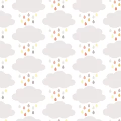 Foto op Plexiglas Seamless pattern with clouds and raindrops in neutral, Autumn colours, isolated on white background. Scandinavian, Boho design. Thanksgiving, Fall, celebration,baby shower, nursery decoration. © Atelier Mokum