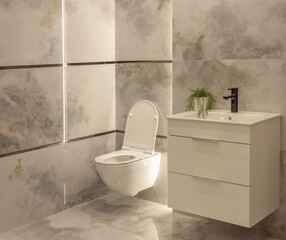 The bathroom overlooks an open toilet, tap with a sink, cupboard, decorative plant and tiles on the wall.