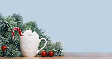 Christmas tree branch. Baubles. Hot chocolate mug with marshmallow. Christmas and New Year banner....