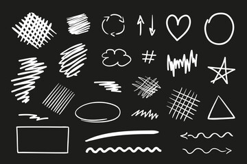 Infographic elements on a blackboard. Hand drawn white shapes on black. Abstract signs and symbols. Freehand elements on a chalkboard. Black and white illustration