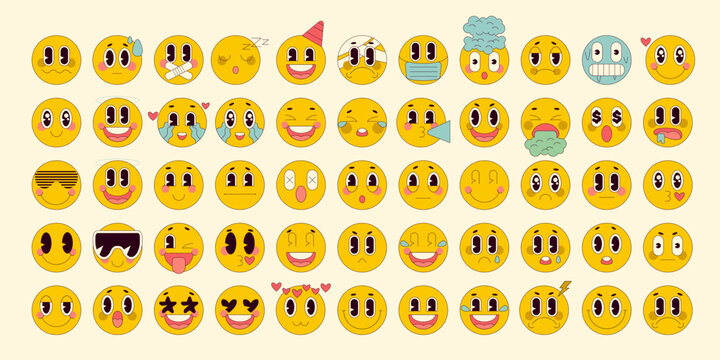 Cartoon retro emoji set in linear style. Vintage icons sticker label in 70s, 80s, 90s style. Flat vector illustration. Emoticon design templates for posters, logos. Face with different emotions
