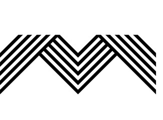 Striped pattern in the form of the letter M from black parallel lines on a white background in a retro style. Vector striped design element.