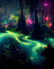 dark green fairy tale forest with ethereal lights digital art