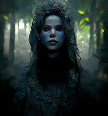 scary ghost woman in dark forest Halloween digital art
