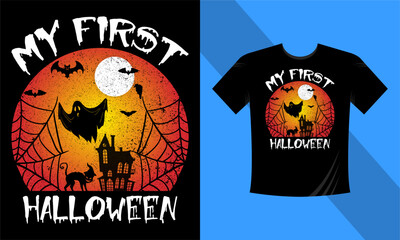 My First Halloween - Best Halloween T-Shirt Design Template. Pumpkin, Night, Moon, Witch, Mask. Night background T-Shirt for print.