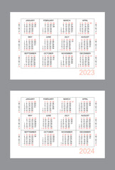 Horizontal calendar for 2 years - 2023, 2024. Simple calendar grid isolated on a white background, Sunday to Monday, business template. Yearly calendar ready for print. Vector illustration.