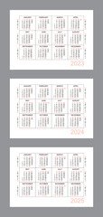 Horizontal calendar for 3 years - 2023, 2024, 2025. Simple calendar grid isolated on a white background, Sunday to Monday, business template. Yearly calendar ready for print. Vector illustration.