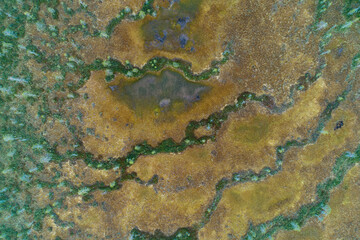 Aerial of Finnish aapa mire on a summer evening