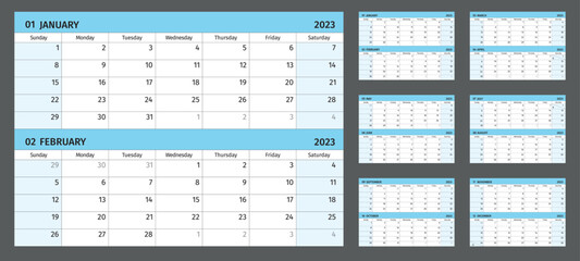 Horizontal calendar for 2023 years, 2 months on 1 page. Simple calendar grid isolated on a white background, Sunday to Monday, business template, ready for print. Vector illustration.