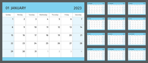 Horizontal calendar for 2023 year, 1 month on each page. Simple calendar grid isolated on a white background, Sunday to Monday, business template. Monthly calendar ready for print. Vector illustration