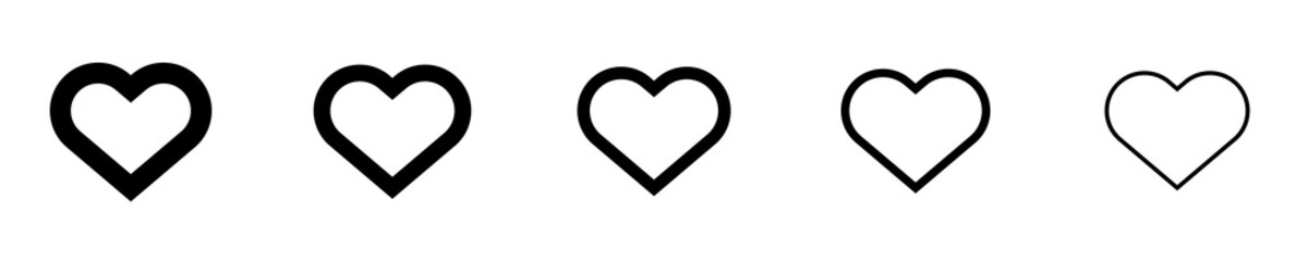 Conjunto de icono de corazones negros de estilo descendente de la línea del grosor
