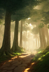 Beautiful evening sun in a nature forest. An Illustration in an Anime background animation style.