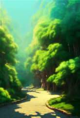 A beautiful rural nature forest. An Illustration in an Anime background animation style.