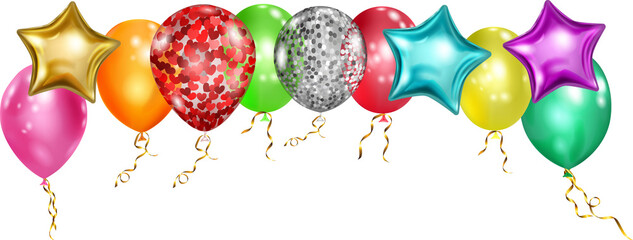 Shiny balloons in various colors and shapes with ribbons © Olga Moonlight