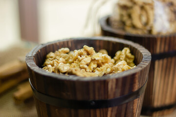 walnuts on wooden basket 