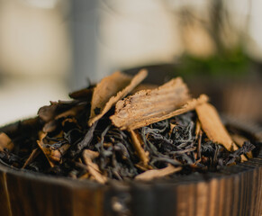 Tea with Cinnamon dried bark closeup