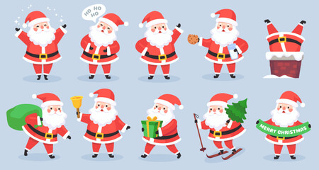 Santa Claus with gift box, bag, tree, in chimney. Funny magic cartoon character Santa Claus for Christmas and New Year vector set