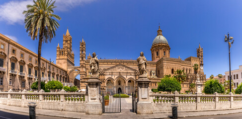 Palermo, Italy: July 6, 2020: Palermo Cathedral is the cathedral church of the Roman Catholic Archdiocese of Palermo, located in Palermo, Sicily, southern Italy. - obrazy, fototapety, plakaty