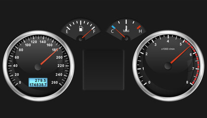 Car dashboard speedometer, tachometer gauge, fuel and engine temperature. Realistic car's dashboard. Vector illustration.