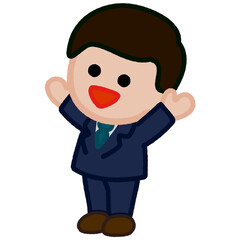 クレヨンタッチのイラスト / バンザイをするスーツの男性