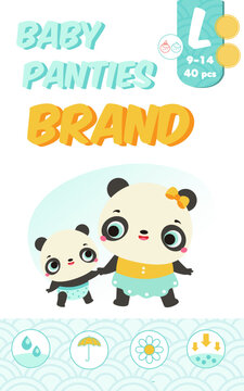 baby panties package template with cute panda bears mother and baby. Cartoon animals characters design for kids and children diapers