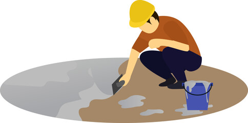 concrete finisher worker vector illustration, workers flattering and polishing wet cement to make concrete, flat design, construction building worker