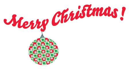 Merry Christmas with a green and red ornament hanging off the letters, with hand drawn and computer generated design elements png illustration isolated on transparent background