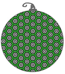Green, white and black Christmas decoration png ornament illustration with hand drawn and computer generated op art repeating pattern.