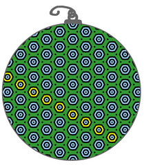 Green, blue, yellow, and black Christmas holiday hanging ornament illustration with retro op art repeating pattern.